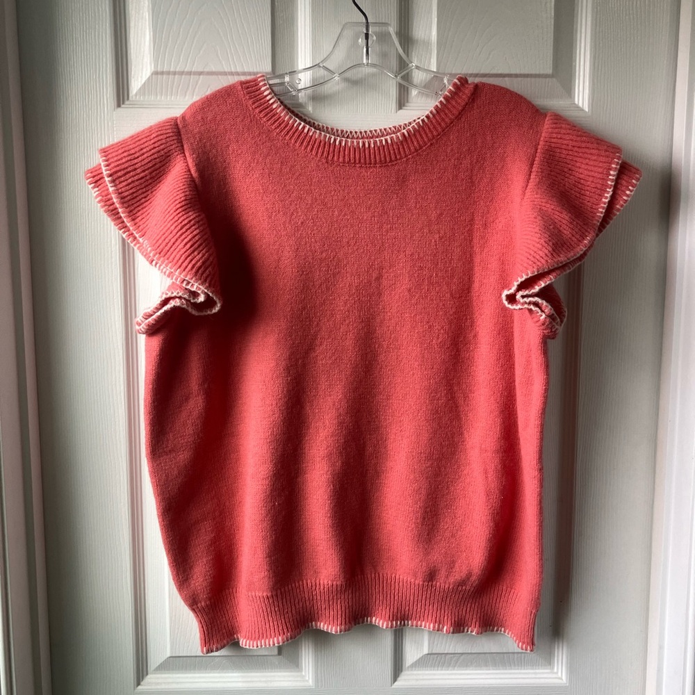 Coral Ruffle Cap Sleeve Sweater Embroidered Spring Whimsical Feminine  Womens 1X